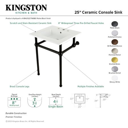 Kingston Brass 25 Console Sink with Brass Legs 8Inch, 3 Hole, WhiteBrushed Brass KVBH25227W8B7